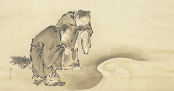 紙本墨画寒山拾得図