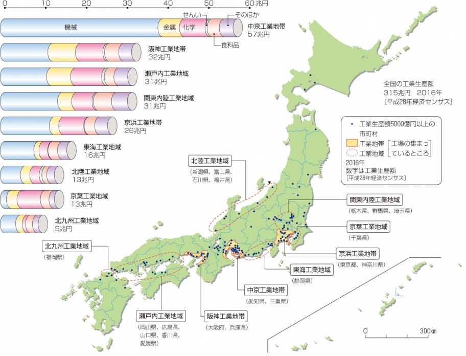 日本各地の工業地域の地図
