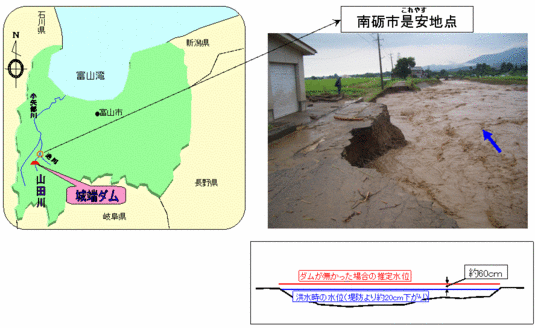 豪雨時の南砺市是安地点の画像