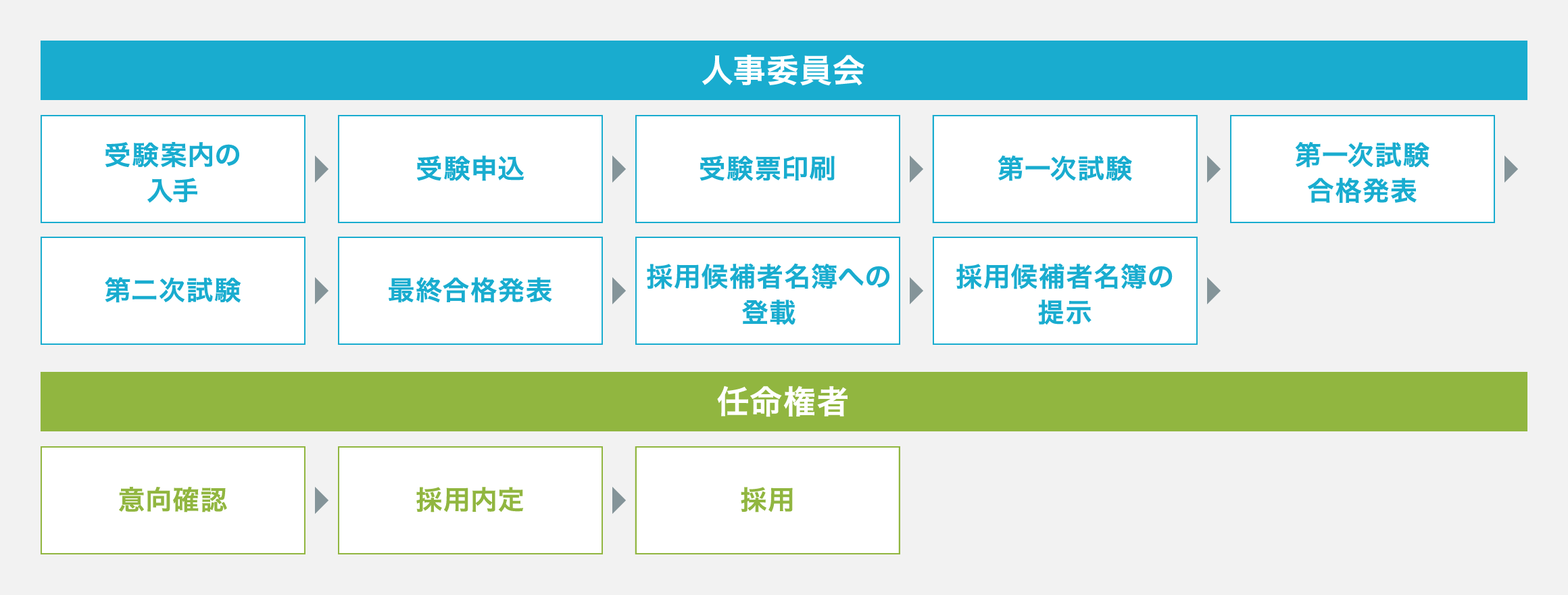 人事委員会:受験案内の→受験申込→受験票印刷→第一次試験→第一次試験合格発表→第二次試験→最終合格発表→採用候補者名簿への登載→採用候補者名簿の提示、任命権者:意向確認→採用内定→採用