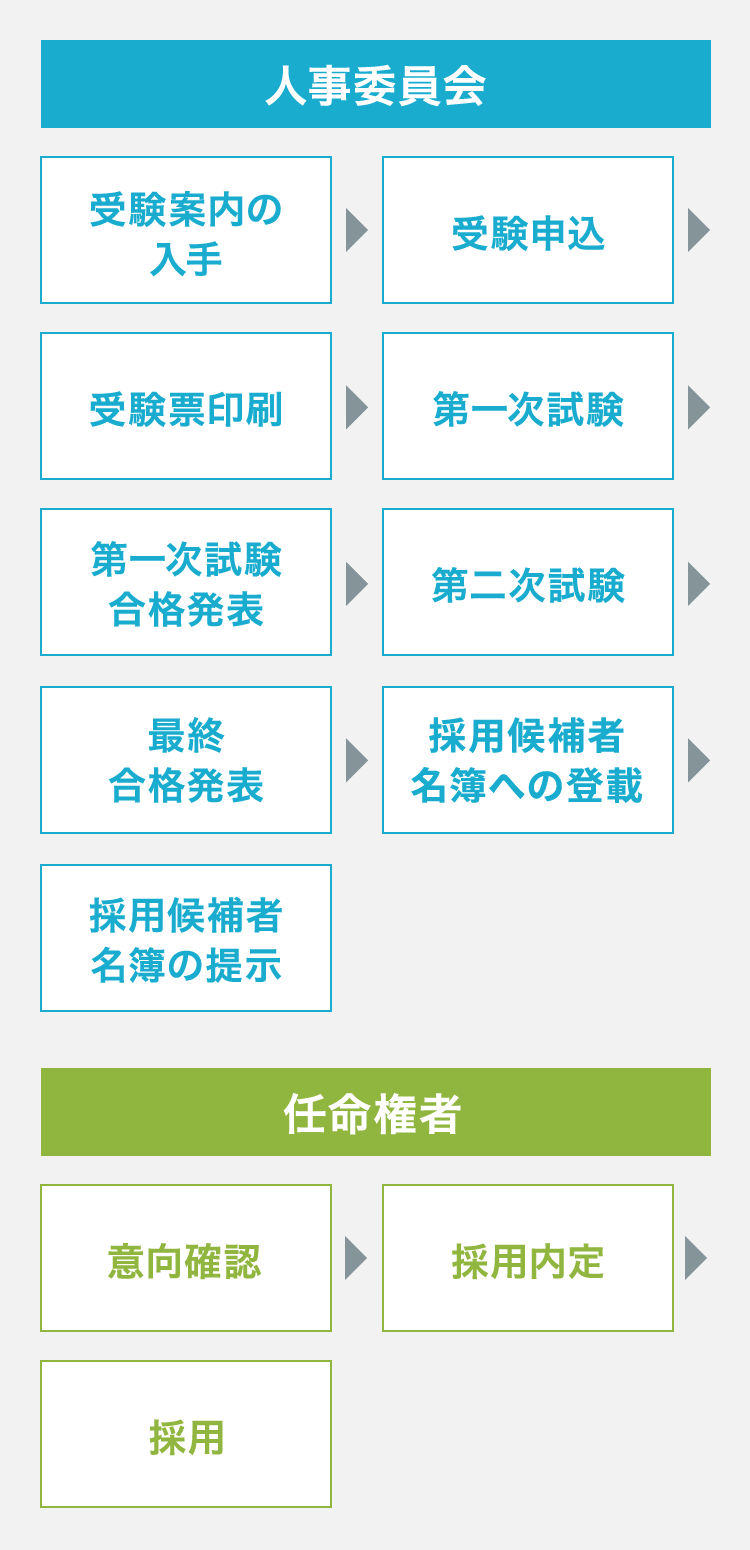 人事委員会:入手→受験申込→受験票印刷→第一次試験→第一次試験合格発表→第二次試験→最終合格発表→採用候補者名簿への登載→採用候補者名簿の提示、任命権者:意向確認→採用内定→採用